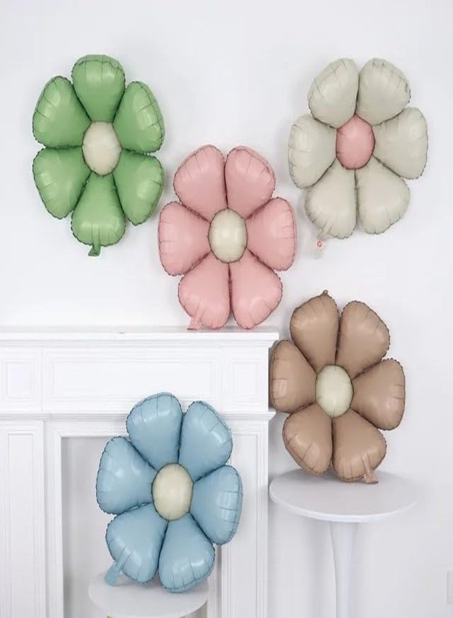 Atpata Funky Pastel Matte Daisy Flower Foil Balloons Set of 5 - Mint Green, Pink, Blue, Sand White & Tan Brown | Floral Balloons for Boho Birthday Baby Shower Botanical Garden Party Decor (5pcs.) - Image 1
